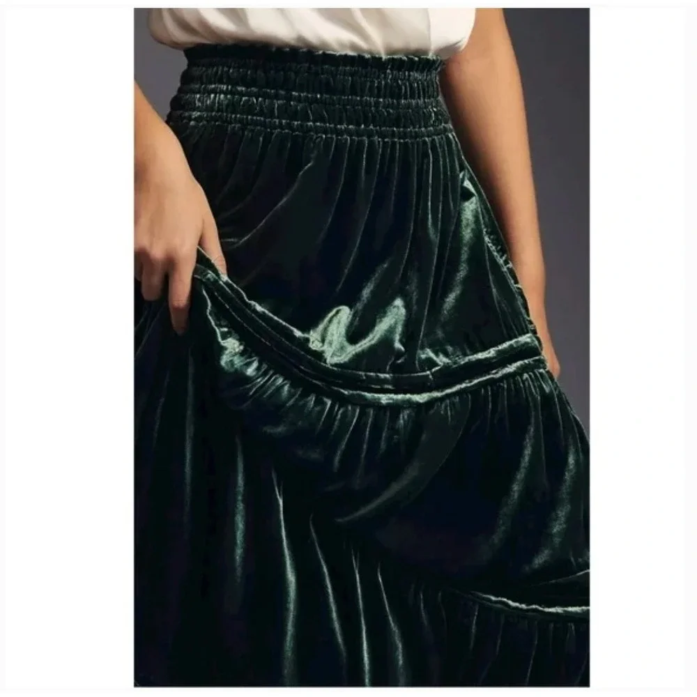 Anthropologie Velvet Tiered Skirt SMALLGreen Whimsigoth Holiday Boho Pockets - Picture 4 of 8